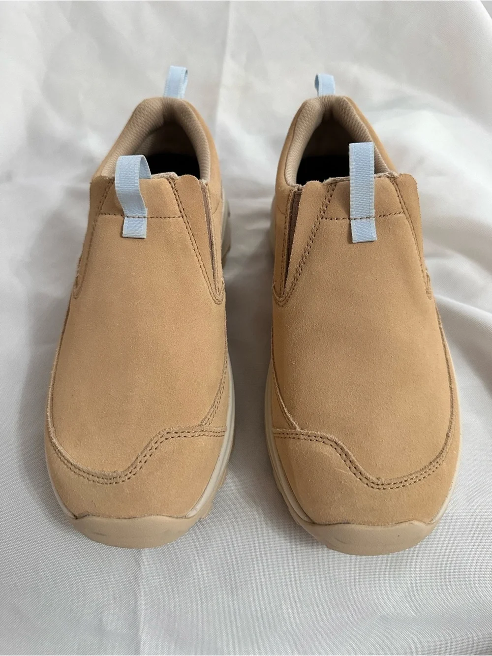 Merrell Women's Slip-On Sneakers in Tan with Light Blue Pull Tabs